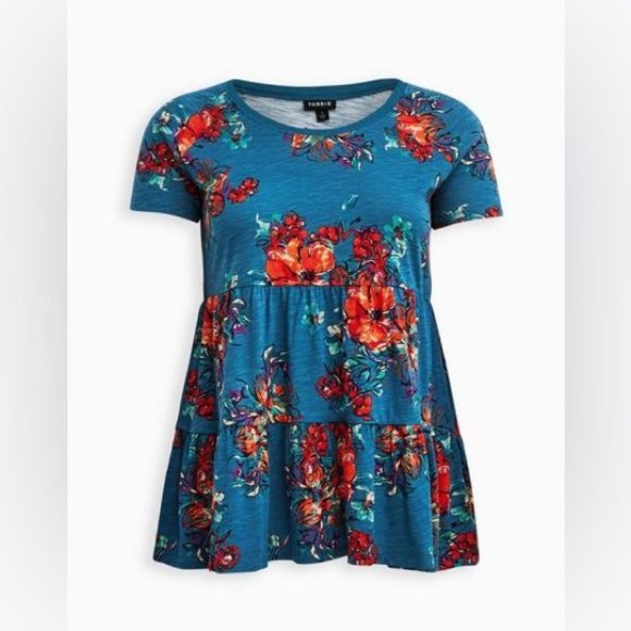 Women’s Torrid 1 Blue Floral Babydoll Slub Scoop Neck Tiered Top 1X 1XL 14 16 - Picture 3 of 15